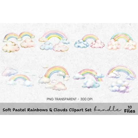 Soft Pastel Rainbow Clouds Clipart Bundle