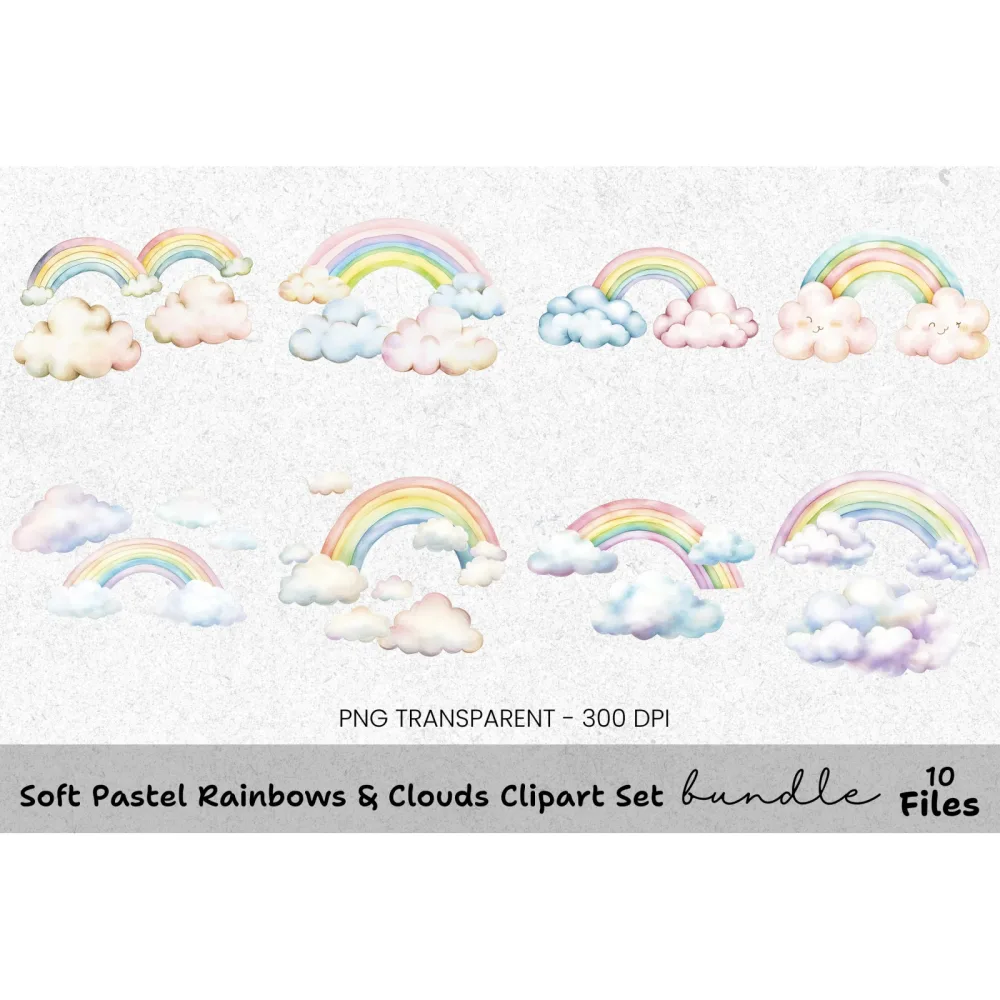 Soft Pastel Rainbow Clouds Clipart Bundle