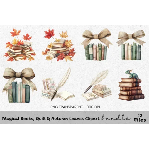 Magical Books Quill Autumn Leaves Clipart Bundle