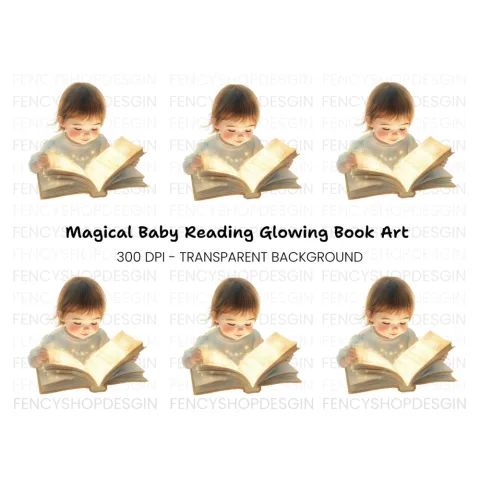 Cute Baby Girl Reading Magical Book Clipart Bundle