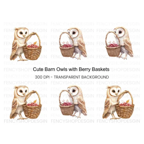 Cute Barn Owl with Berry Basket Clipart Bundle