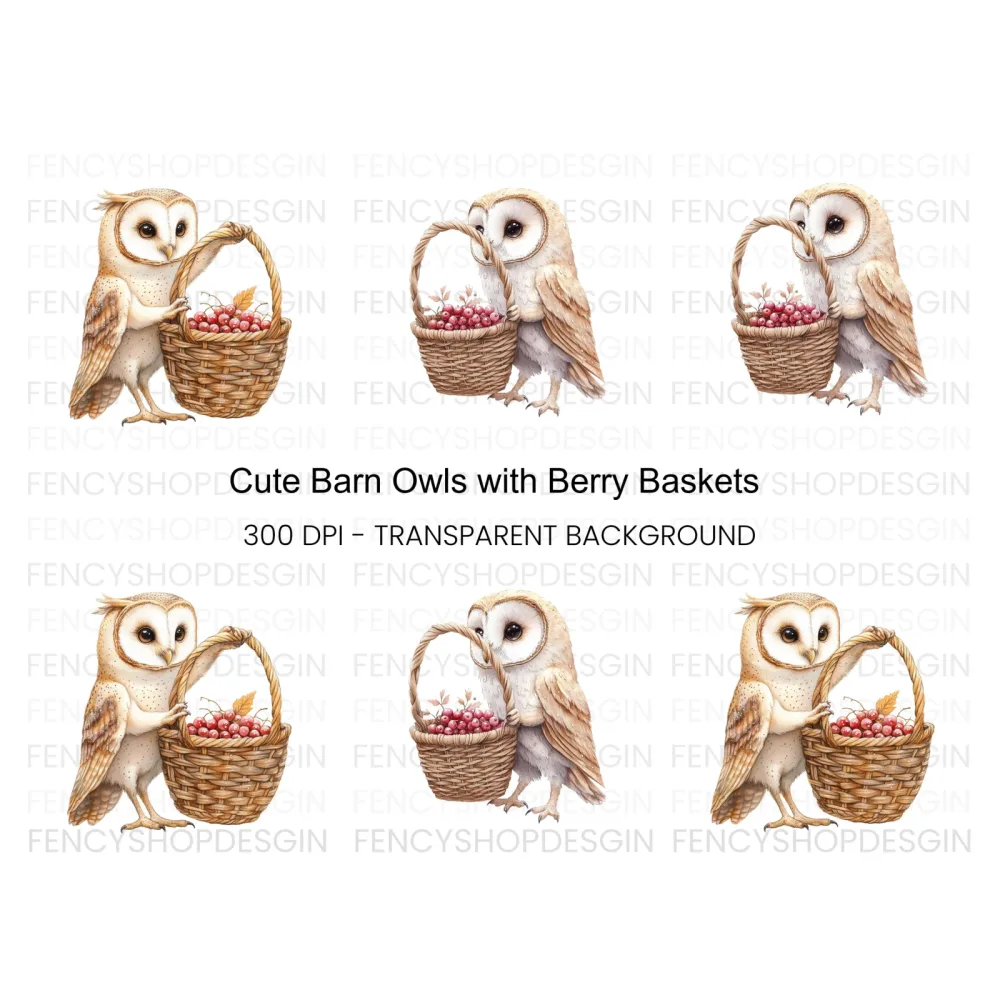 Cute Barn Owl with Berry Basket Clipart Bundle