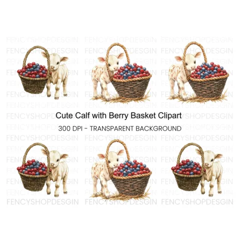 Cute Calf with Berry Basket Clipart Bundle