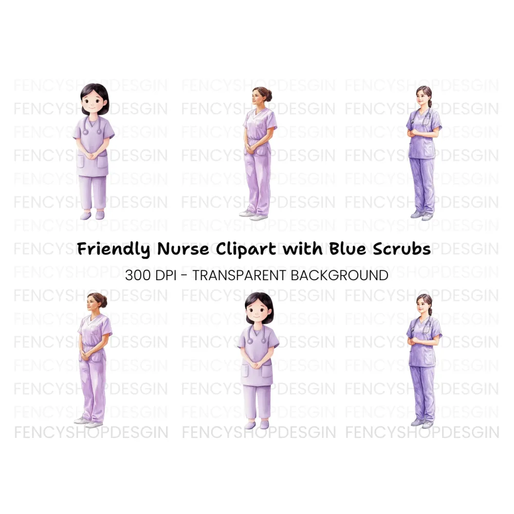 Nurses in Purple Scrubs Clipart Bundle
