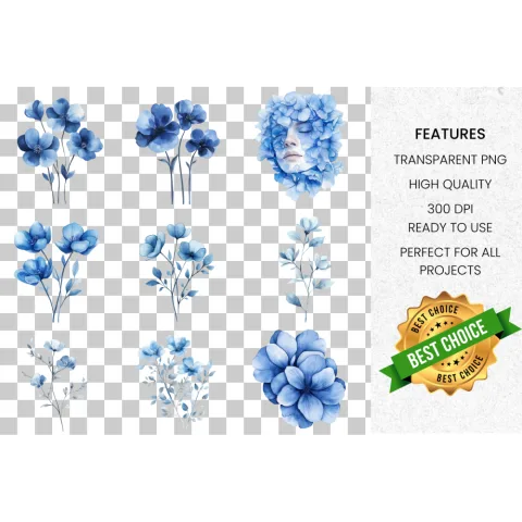 Blue Floral Clipart Bundle