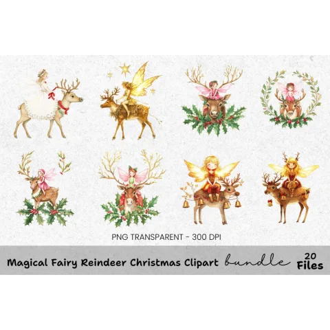 Christmas Fairies Riding Reindeer Clipart Bundle
