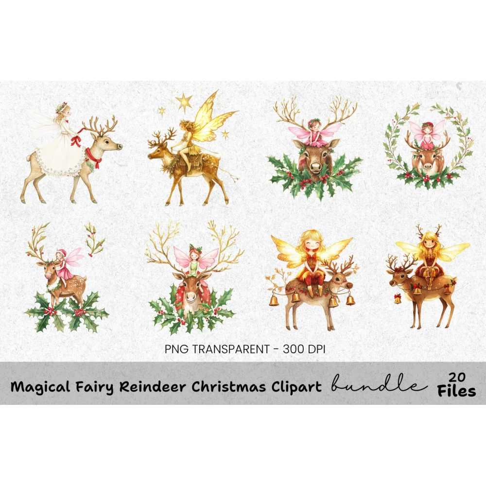 Christmas Fairies Riding Reindeer Clipart Bundle