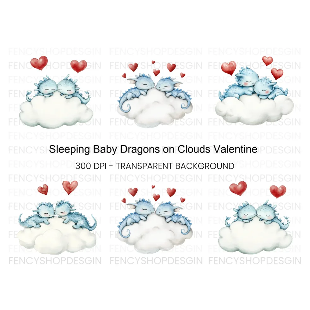 Sleeping Dragon Couple on Cloud Clipart Bundle