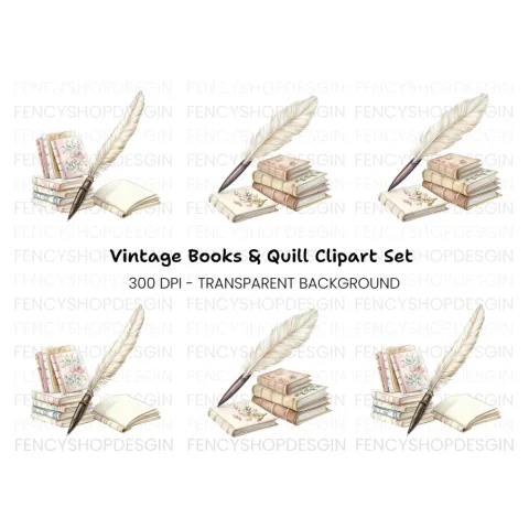 Vintage Books Quill Pen Clipart Bundle