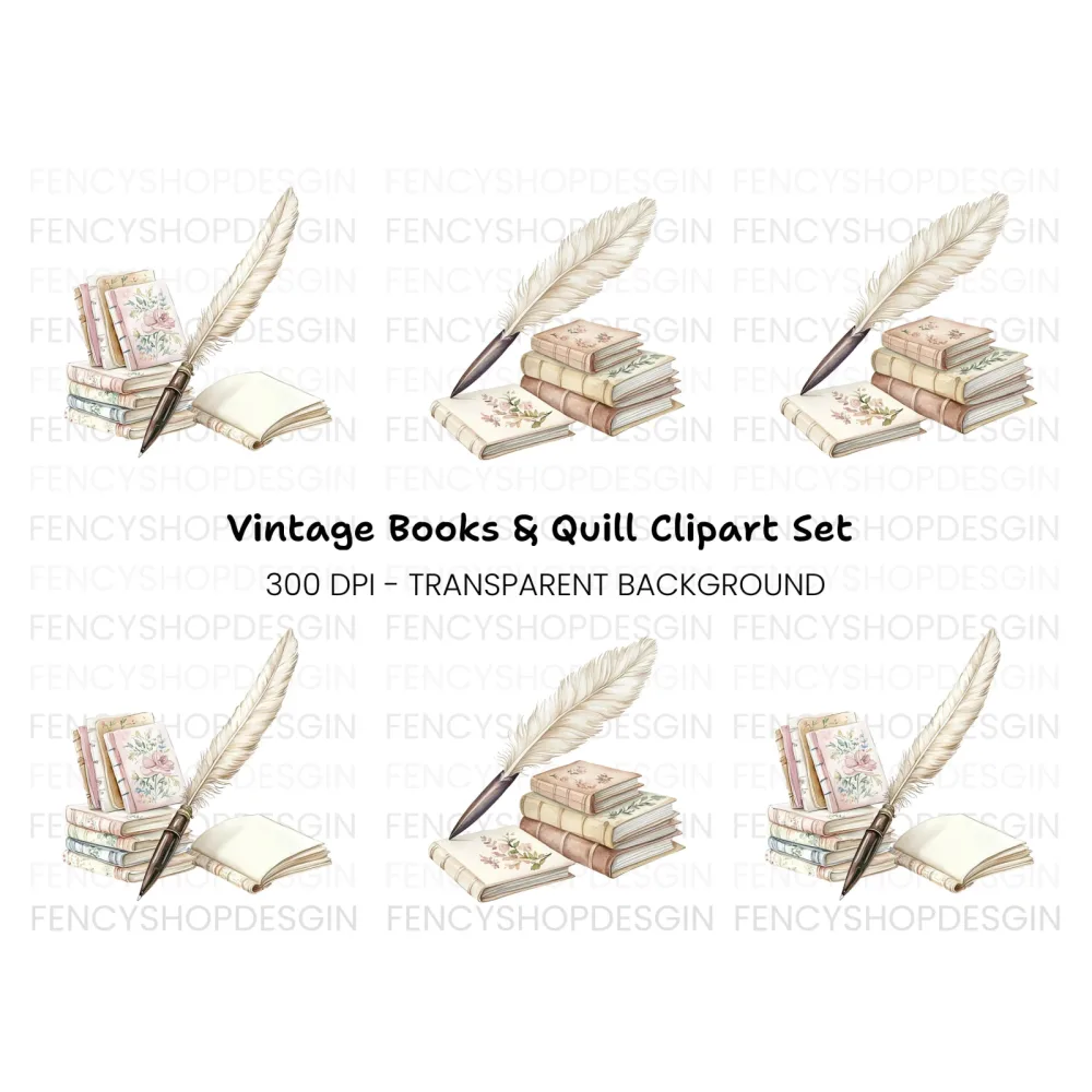 Vintage Books Quill Pen Clipart Bundle