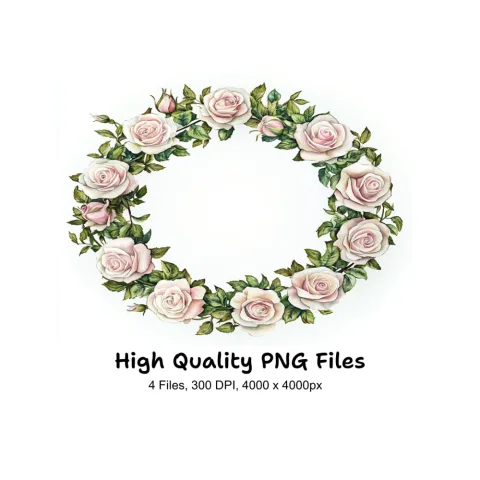 Pink Rose Floral Wreaths Clipart Bundle
