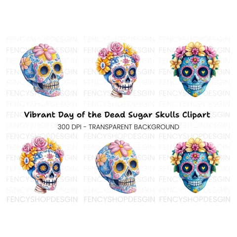 Blue Sugar Skulls with Flowers Clipart Bundle