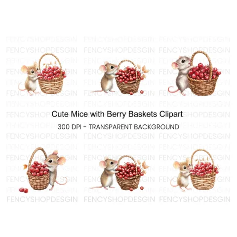 Cute Mice with Berry Baskets Clipart Bundle