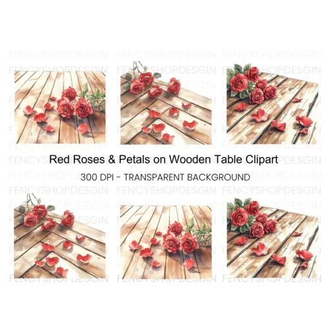 Red Roses and Petals on Wood Clipart Bundle