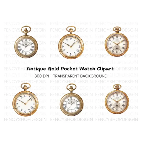 Classic Gold Pocket Watch Illustrations Clipart Bundle
