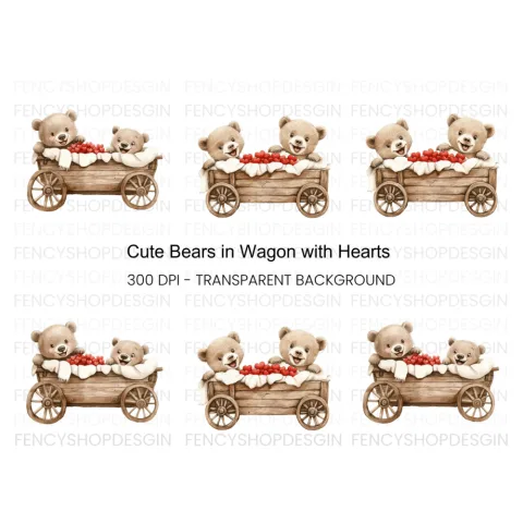 Teddy Bears in Wooden Wagon Clipart Bundle