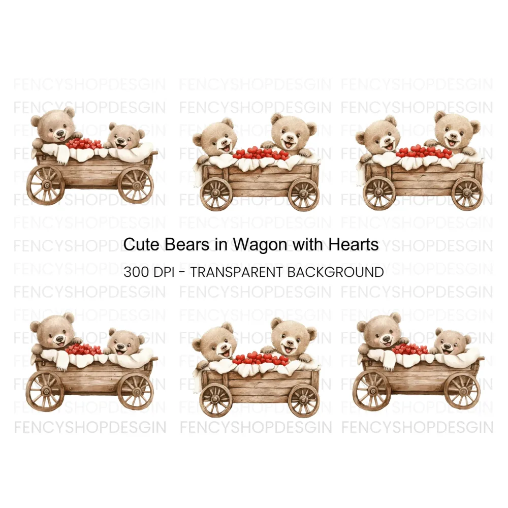Teddy Bears in Wooden Wagon Clipart Bundle