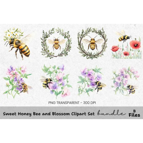 Sweet Honey Bee and Blossom Clipart Bundle