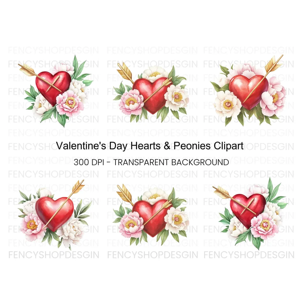 Valentine's Day Heart Peony Clipart Bundle