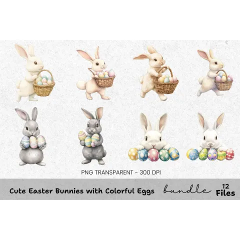 Cute Easter Bunnies with Colorful Eggs Clipart Bundle