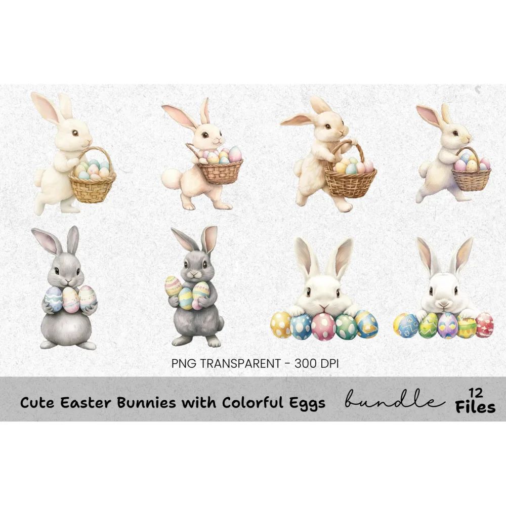 Cute Easter Bunnies with Colorful Eggs Clipart Bundle