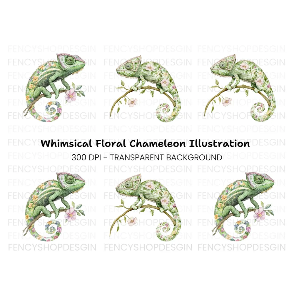 Floral Chameleon Clipart Bundle