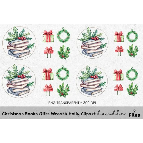 Christmas Holly Books and Gifts Clipart Bundle
