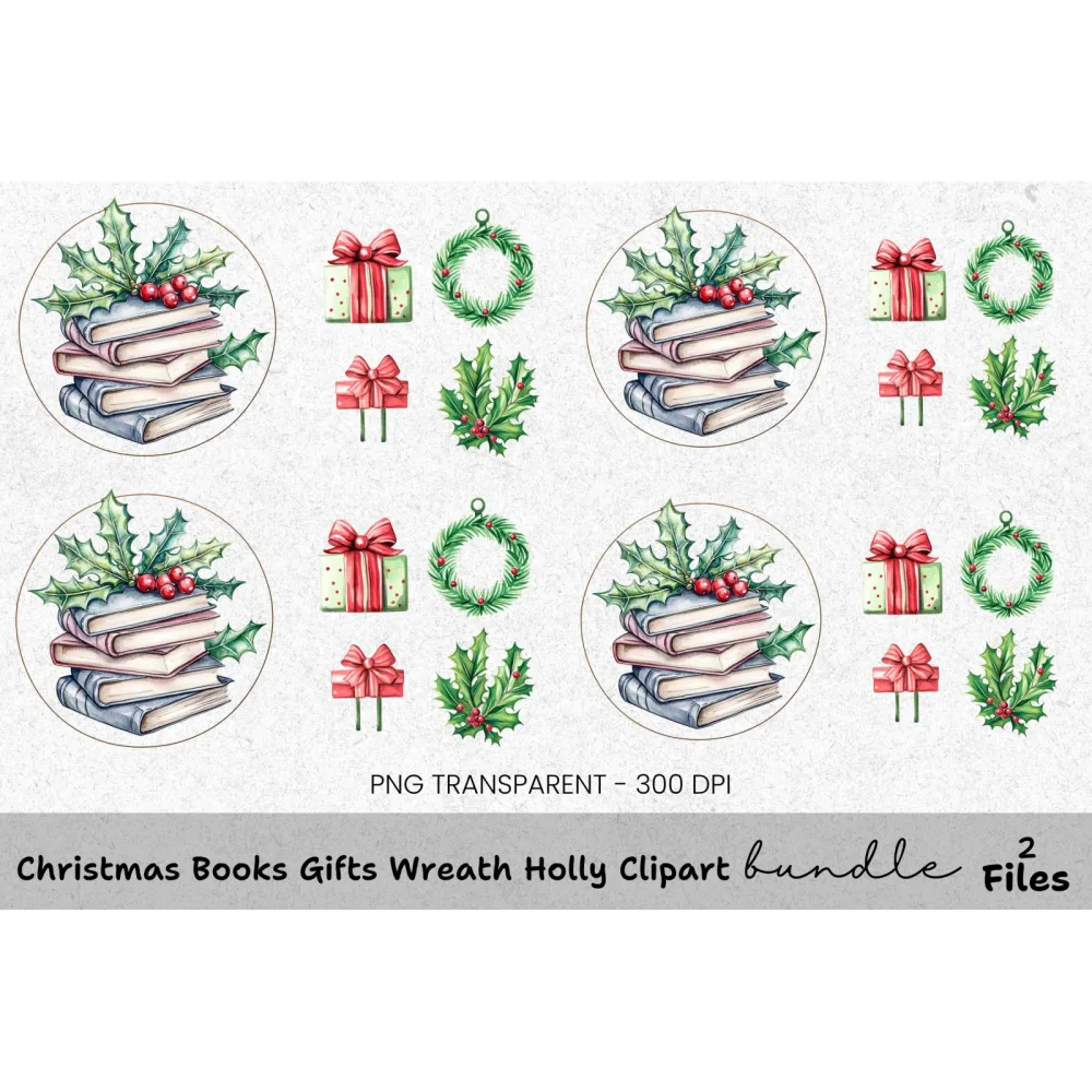 Christmas Holly Books and Gifts Clipart Bundle