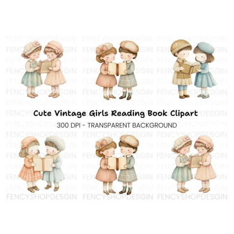 Girls Reading Together Clipart Bundle