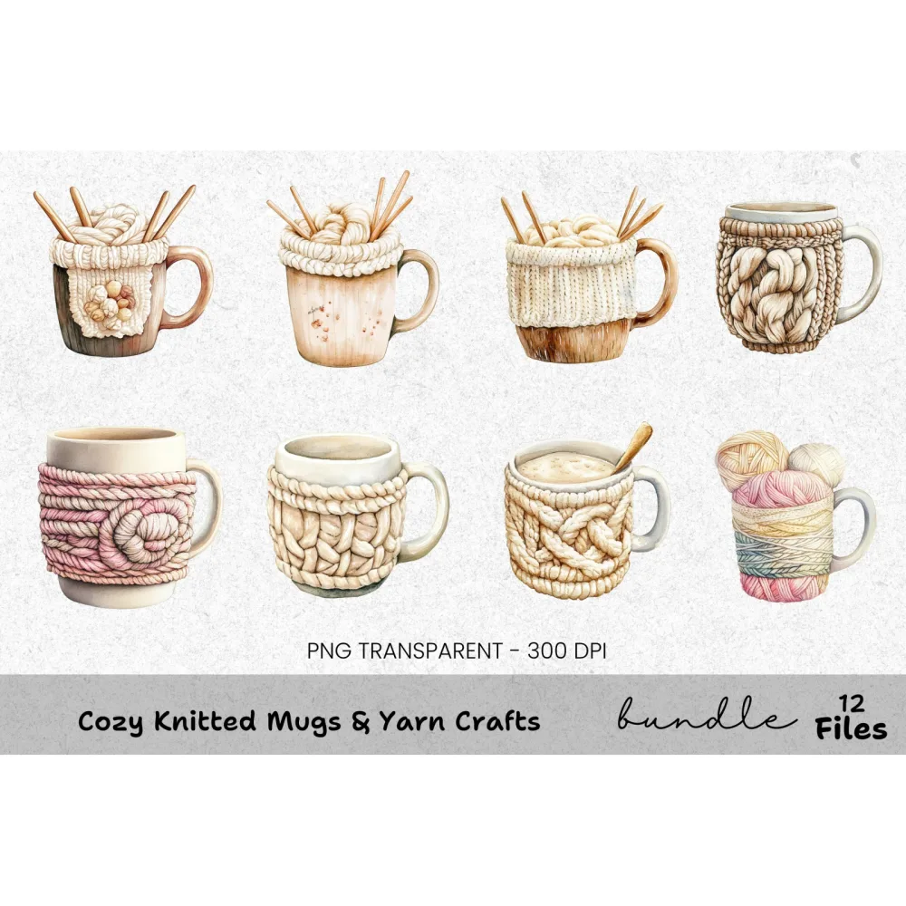 Cozy Knitted Mugs Yarn Crafts Clipart Bundle