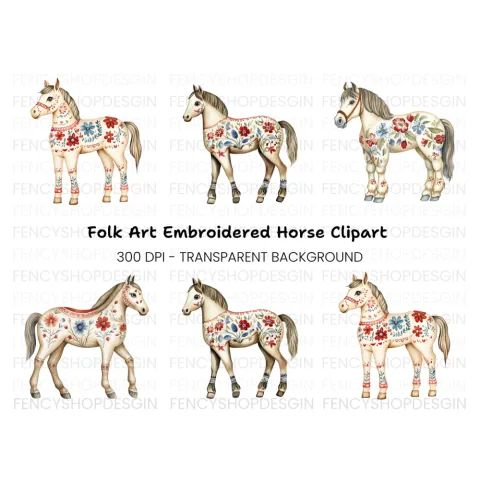 Floral Painted Horses Clipart Bundle