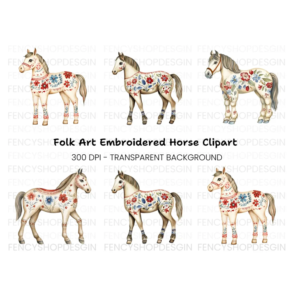 Floral Painted Horses Clipart Bundle