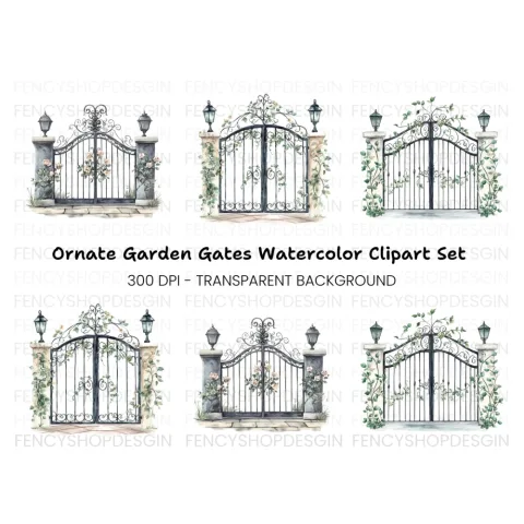 Elegant Wrought Iron Gate Clipart Bundle