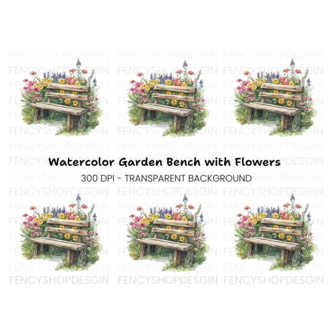 Rustic Bench in Blooming Garden Clipart Bundle