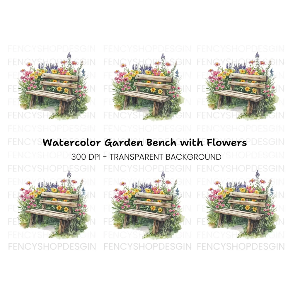 Rustic Bench in Blooming Garden Clipart Bundle