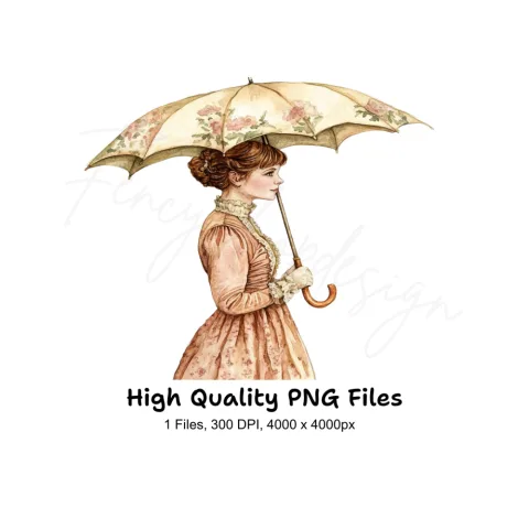 Victorian Lady with Floral Umbrella Clipart Bundle