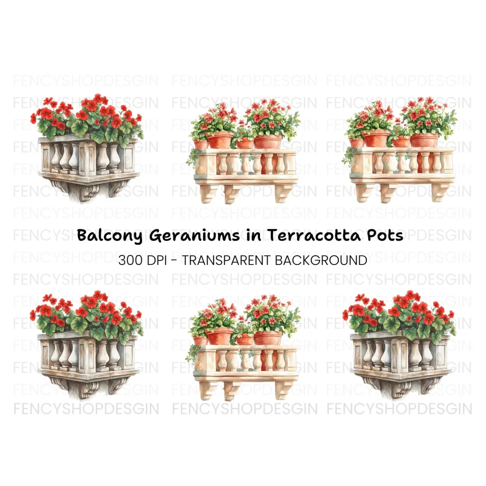 Balcony with Red Geraniums Clipart Bundle