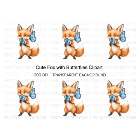 Cute Fox with Blue Butterflies Clipart Bundle