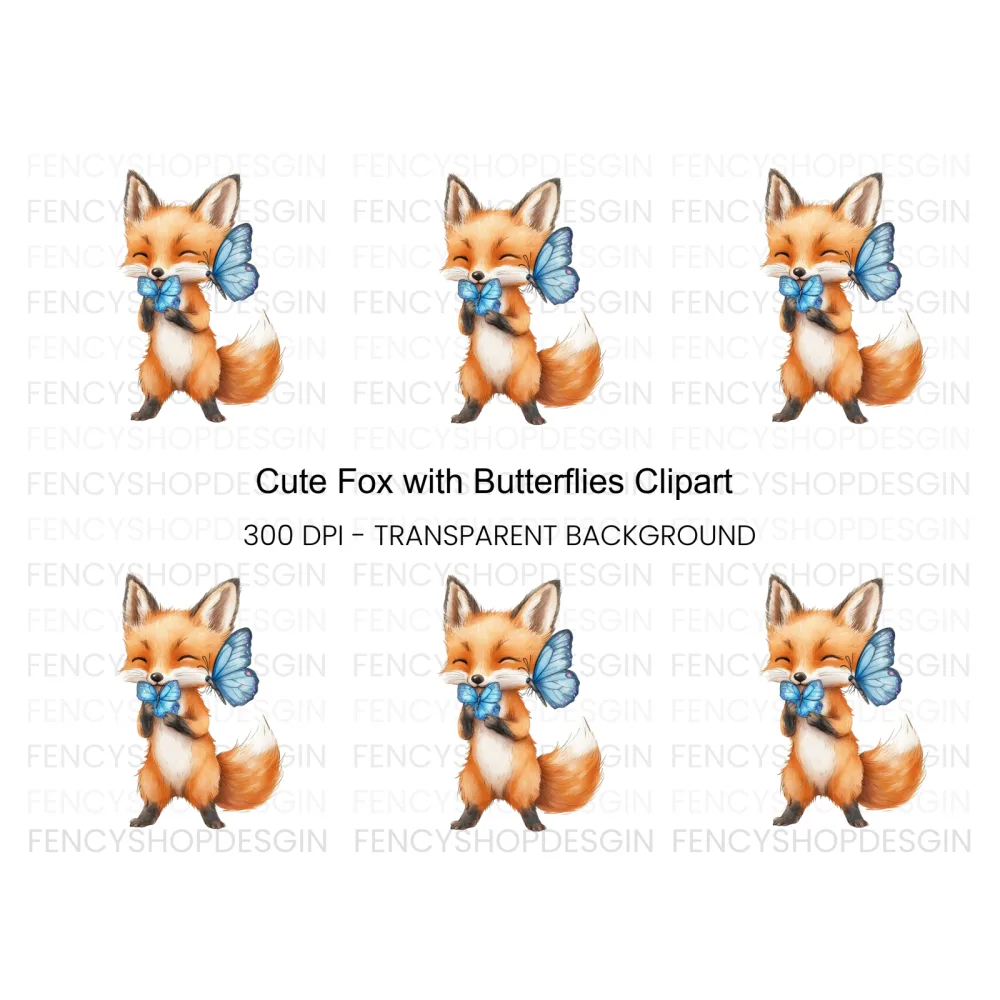 Cute Fox with Blue Butterflies Clipart Bundle