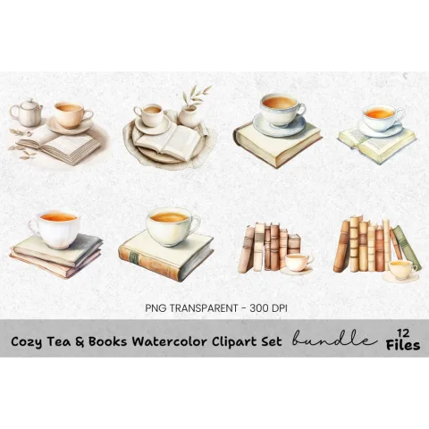 Cozy Tea Books Clipart Bundle