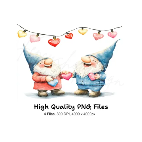 Happy Gnomes with Heart String Lights Clipart Bundle
