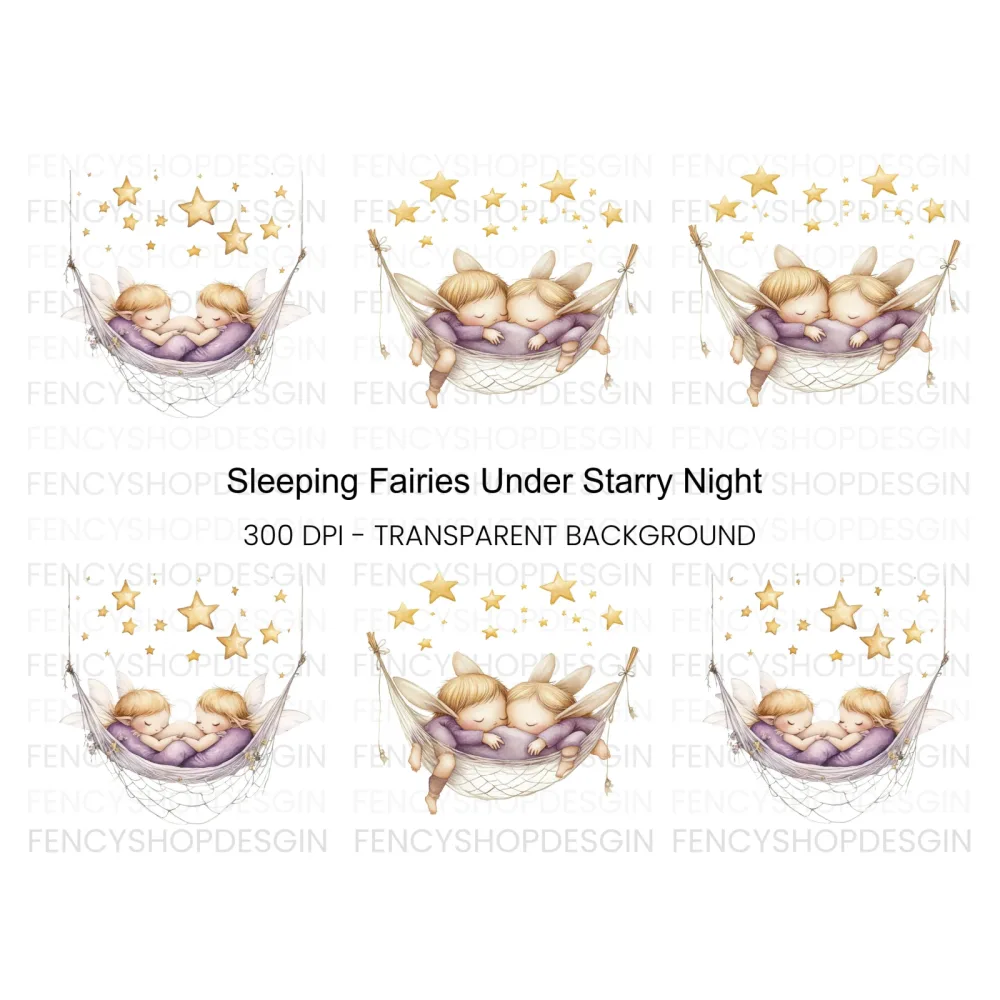 Sleeping Baby Fairies in Hammock Clipart Bundle
