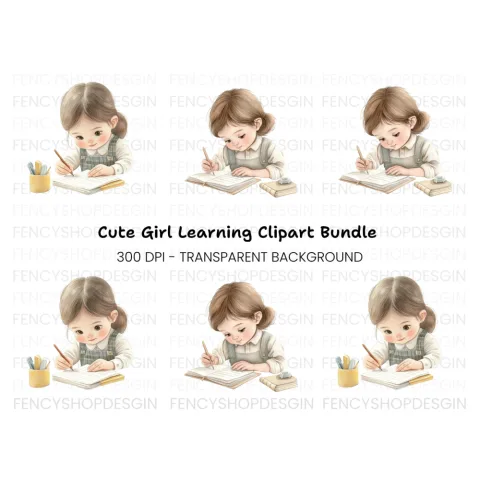 Cute Girls Studying Clipart Bundle