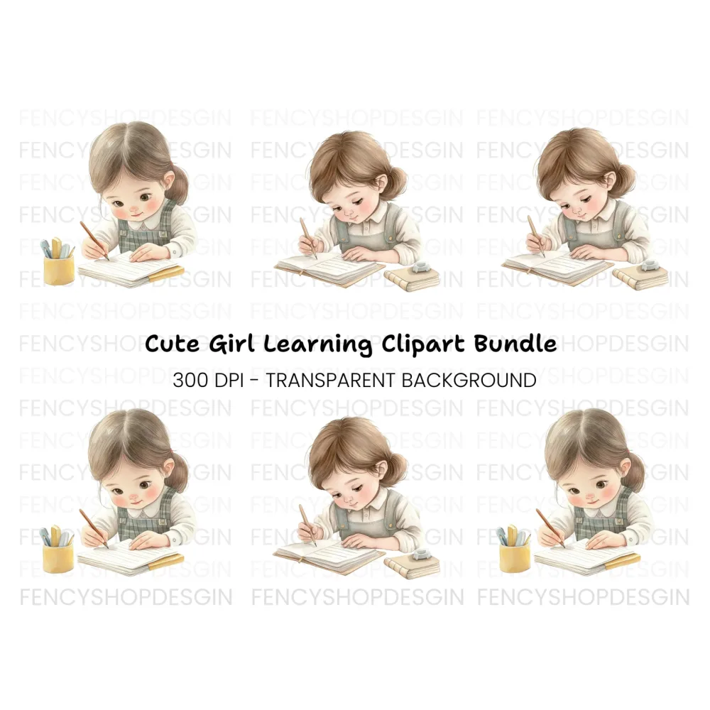 Cute Girls Studying Clipart Bundle
