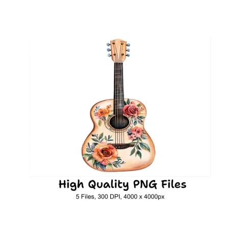 Floral Acoustic Guitar Clipart Bundle