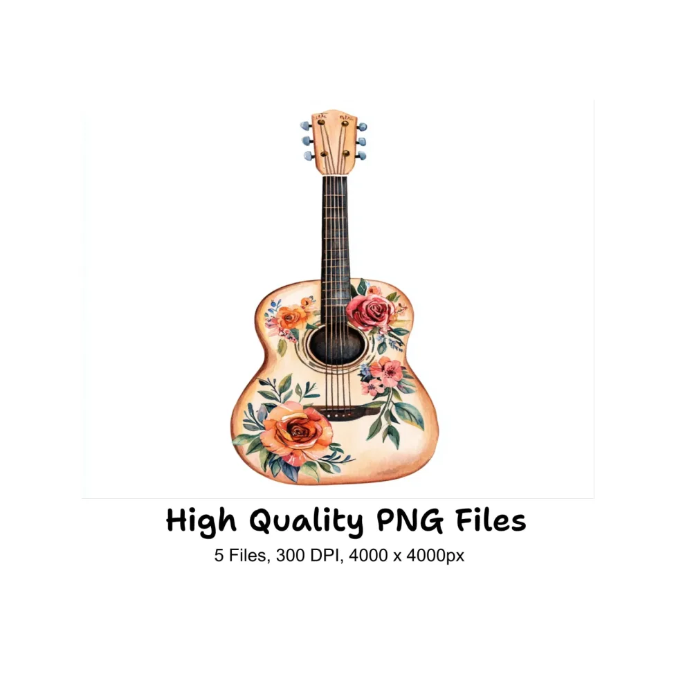 Floral Acoustic Guitar Clipart Bundle