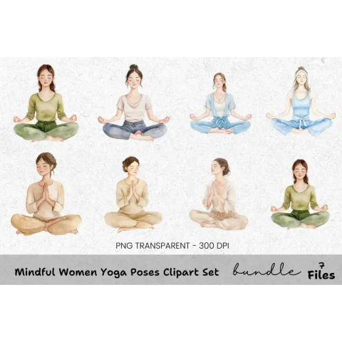 Mindful Women Yoga Poses Clipart Bundle