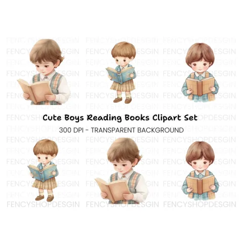 Cute Kids Reading Books Clipart Bundle