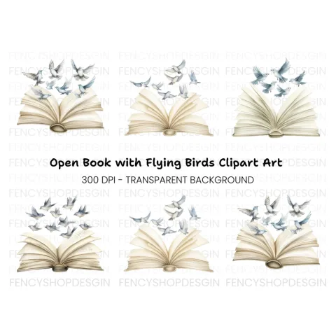 Open Books with Flying Doves Clipart Bundle