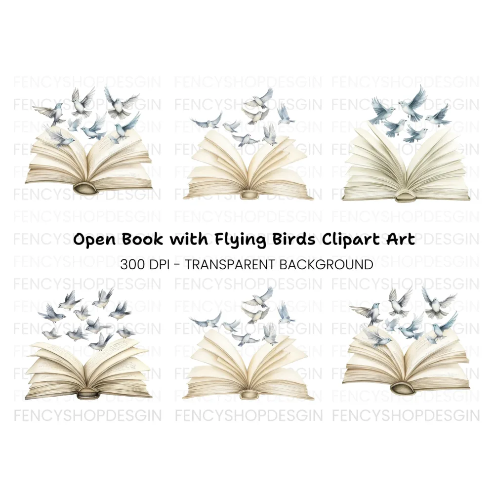 Open Books with Flying Doves Clipart Bundle